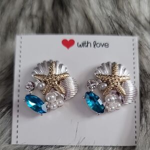 Starfish Shell Earrings with Blue and Gold Accents